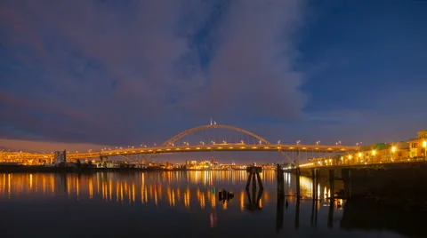 Time Lapse of Clouds and Traffic Over Fremont Bridge at Night in Portland Oregon Stock Footage 46492700