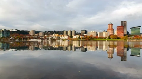 Time Lapse of Clouds and Water Reflection of City Skyline in Portland Oregon 4k Stock Footage 56618742