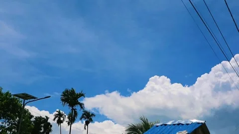Time-lapse clouds on blue sky passing over trees and power line Stock Footage 264236226