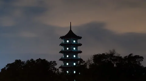 Time-lapse of Clouds Drifting by Pagoda Tower at Night Stock Footage 63034104
