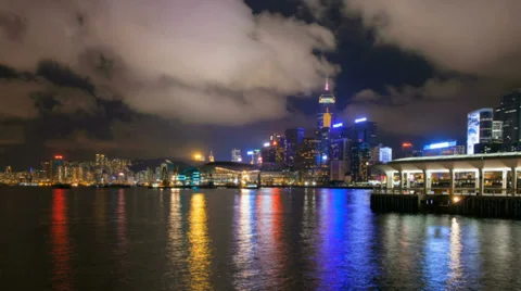 Time lapse of clouds at Ferry Pier in Victoria Harbour, Hong Kong at night 1080p Stock Footage 39746290