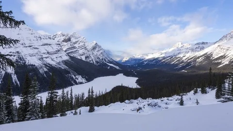 Time lapse clouds flowing above Peyto Lake on a snowy winter day Stock Footage 85092466