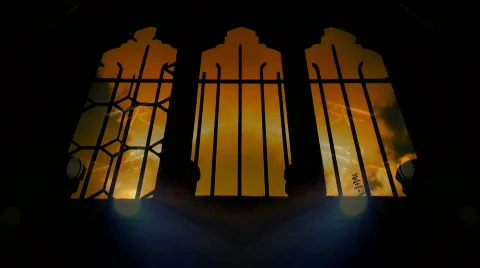 Time-lapse clouds flowing past church windows, with searchlight overlay Stock Footage 493881