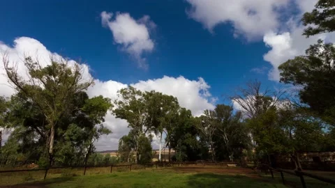Time lapse of clouds going over green paddock surrounded by trees Stock Footage 155385352