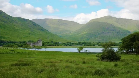 Time lapse of clouds moving over Kilchurn Castle and surrounding mountains Stock Footage 87810665