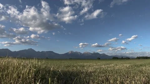 Time lapse clouds moving over large farming field meadow covered with grass Stock Footage 131299194