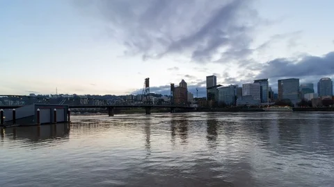 Time lapse of clouds over city skyline of Portland OR from sunset into night 4k Stock Footage 72971425