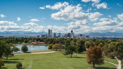 Time lapse of clouds over City Park &amp; Downtown Denver, Colorado Stock Footage 98637934