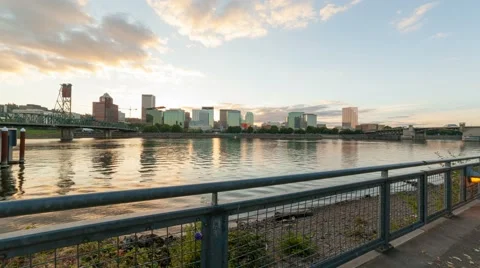 Time lapse of clouds over downtown Portland Or with water reflection at sunset Stock Footage 67022145