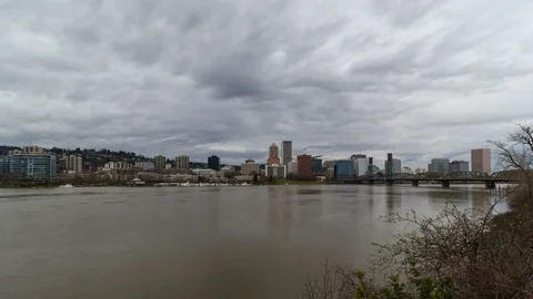 Time lapse of clouds over Portland OR downtown skyline with Hawthorne bridge 4k Stock Footage 73672222