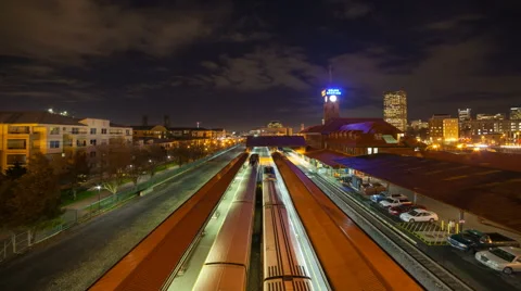 Time Lapse of Clouds over Railroad Track in City of Portland OR at Night 1080p Stock Footage 46314180
