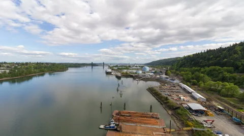 Time Lapse of Clouds Over Willamette River with St. Johns Bridge in Portland OR Stock Footage 51719634