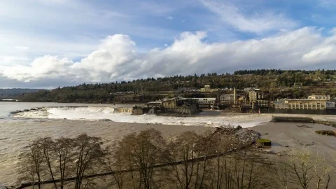 Time lapse of clouds over Willamette Falls in Oregon City after heavy rainfall Stock Footage 72396523