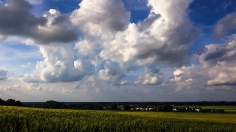 Time lapse of clouds passing over a green grain field Stock Footage 99118270