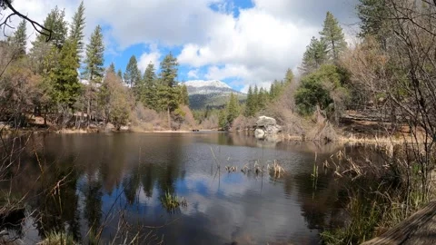 Time Lapse of Clouds Passing by Snowy Mountain and Ducks in a Lake in Idyllwild Stock Footage 142768419