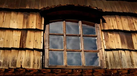 Time lapse clouds reflections in old wooden window, Poland Stock Footage 55781989