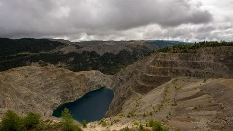 Time lapse clouds rolling over old mine with lake Stock Footage 73585464