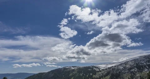 Time lapse of cloudscape behind of the mountains top. Snow, rocks, cliffs and Stock Footage 116791299