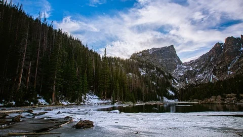 Time Lapse - Cloudscape over the Frozen Dream Lake in Colorado - 4K Video stock 118886353