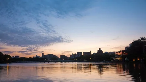Time lapse of cloudscape reflected on rippled water lake in sunset Stock Footage 79630881
