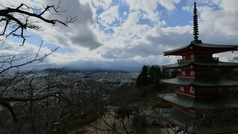 Time lapse of cloudy near Mountain Fuji with Chureito Pagoda Stock Footage 100393423