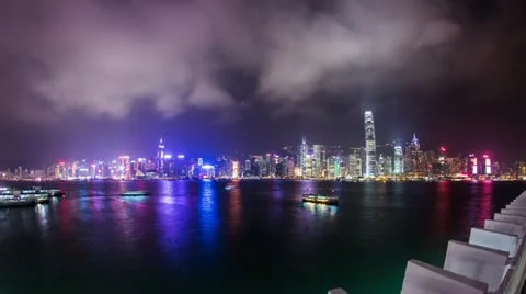 Time Lapse of cloudy night at Victoria Harbor in Hong Kong Stock-Footage 20474345