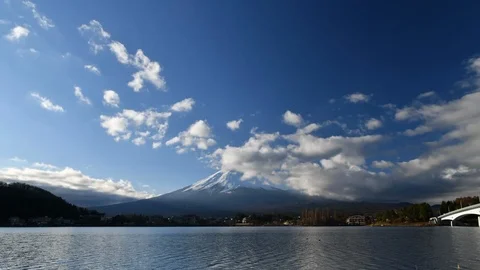 Time lapse of cloudy sky and Fuji mountain at Kawaguchiko lake, Japan Stock Footage 100011022