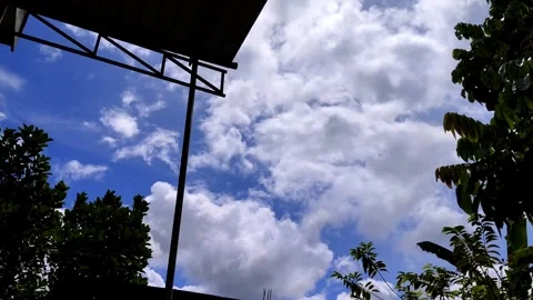 Time Lapse cloudy sky over silhouetted trees and roof structures Stock Footage 304871578