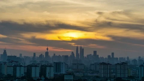 Time lapse of cloudy sunset over downtown Kuala Lumpur, Malaysia Stock Footage 78601220