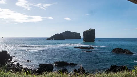 Time Lapse on the coast of Ponta dos Mosteiros with picturesque rock island Video stock 165729288