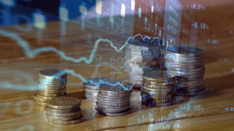 Time-lapse of coins cascading downward, overlaid animated stock market charts Stock Footage 319478638