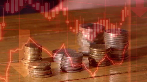 Time-lapse of coins falling, red stock-market overlay showing financial crash Stock Footage 319478612