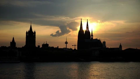 Time Lapse Cologne Cathedral and St. Martin Church Landmarks Spectacular Sunset Stock Footage 96684585