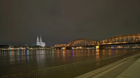 Time lapse of cologne skyline at night with cologne cathedral and bridge 7k Stock Footage 101370121
