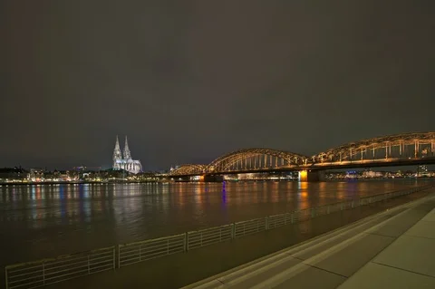 Time lapse of cologne skyline at night with cologne cathedral and bridge 7k Stock Footage 101372637