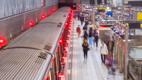 Time lapse of commuters walking and taking MRT during rush hour in Taipei Taiwan Stock Footage 124190463