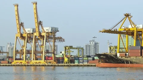 Time Lapse: Container Cargo freight ship with working crane bridge in shipyard Stock Footage 116653813