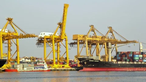 Time Lapse: Container Cargo freight ship with working crane bridge in shipyard Stock Footage 116653815