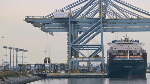 Time-lapse of container ship and cargo loading and unloading in deep sea Stock Footage 168350357
