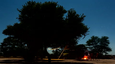 Time lapse of a couple camping in Botswana under night sky sitting around a fire Stock Footage 163203462