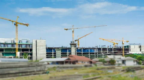 Time Lapse Crane Working In Big Construction Site (zoom in) Stock Footage 45720033