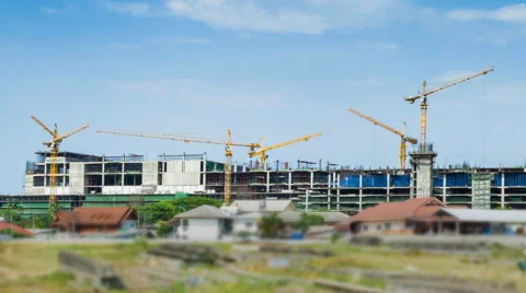 Time Lapse Crane Working In Big Construction Site (zoom out) Stock Footage 45723310