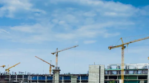 Time Lapse Crane Working In Big Construction Site (pan shot) Stock Footage 45727005