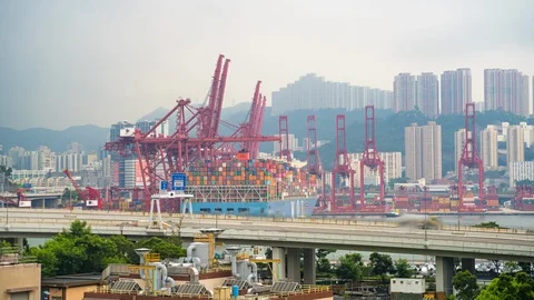 Time lapse crane working in harbor shipping Distribution Warehouse Industrial Stock Footage 119273616