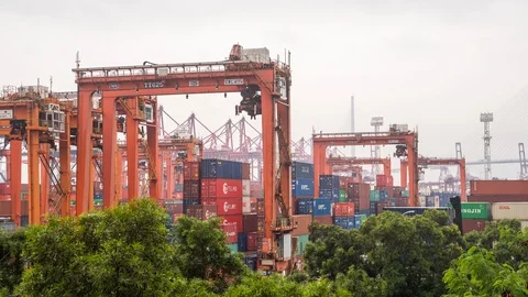 Time lapse crane working in harbor shipping Distribution Warehouse Industrial Stock Footage 119274600