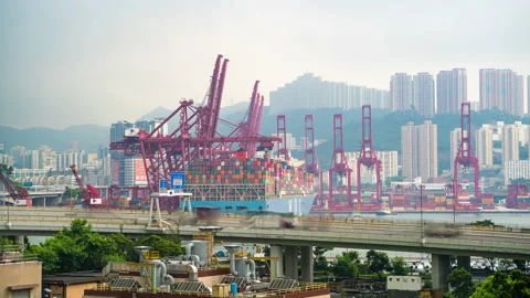 Time lapse crane working in harbor shipping Distribution Warehouse Industrial  Stock Footage 139876599