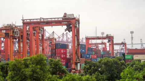 Time lapse crane working in harbor shipping Distribution Warehouse Industrial  Stock Footage 139877770