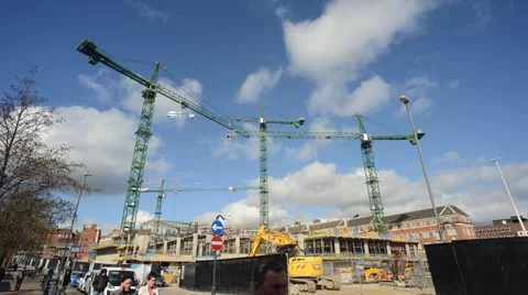Time lapse cranes working on building site in Leeds United Kingdom Stock Footage 48439907