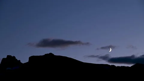 Time lapse of a crescent moon slowly moving through blue colored evening sky Stock Footage 139662539