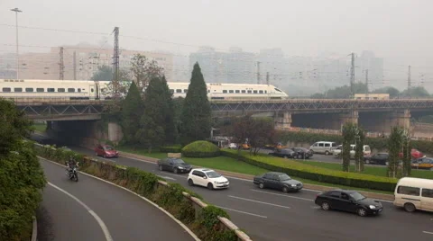 Time Lapse: A CRH Harmony bullet train runs through a rail bridge Stock Footage 42463476